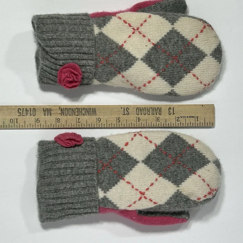 Handmade Women's Cashmere Mittens Upcycled Argyle Fleece Lined Warm Winter Gray